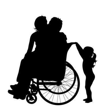 Adam tekerlekli sandalye beyaz zemin üzerine ailesiyle silüeti vektör.