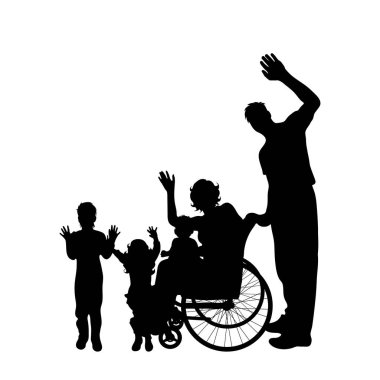 Aile beyaz zemin üzerine tekerlekli sandalye üzerinde kadınla siluet vektör.
