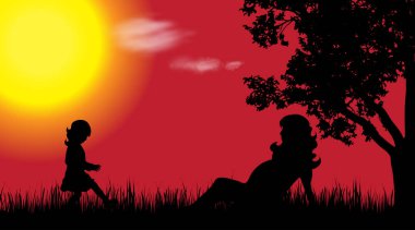 Doğa günbatımı, ailede silüeti vektör.