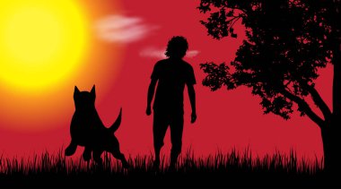 Gün batımında doğada köpekli adam silüeti vektör.