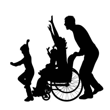 Aile beyaz zemin üzerine tekerlekli sandalye üzerinde kadınla siluet vektör.