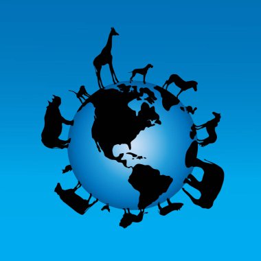 Dünya hayvan üzerinde mavi arka plan ile vektör çizim.