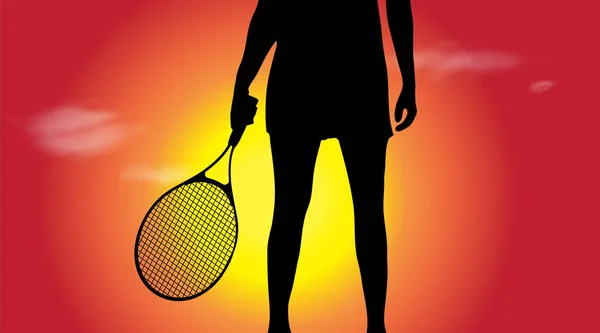 Vektorsilhouette Einer Frau Die Bei Sonnenuntergang Tennis Spielt — Stockvektor