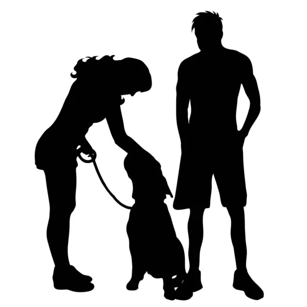 Vektorsilhouette Eines Paares Mit Hund Auf Weißem Hintergrund — Stockvektor