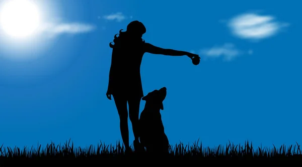 庭に犬と女性のベクトル シルエット — ストックベクタ