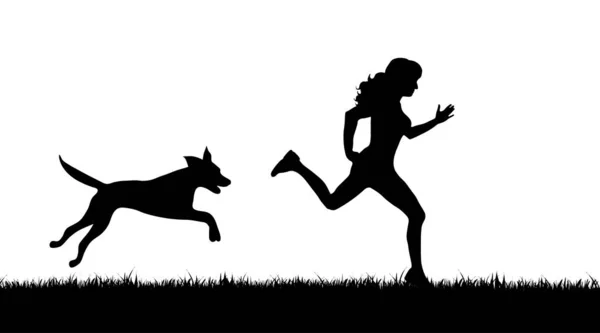 Silueta Vectorial Chica Que Corre Con Perro Sobre Fondo Blanco — Vector de stock