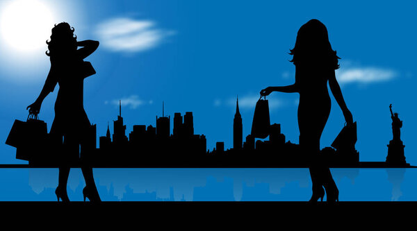 Vector illustration of New York with women who shopping.