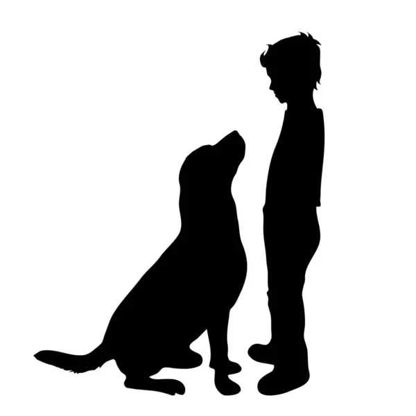 Vector Silhouet Van Jongen Met Hond Witte Achtergrond — Stockvector