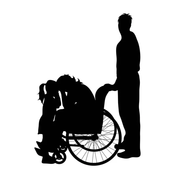 Silhouette Vectorielle Famille Avec Femme Fauteuil Roulant Sur Fond Blanc — Image vectorielle