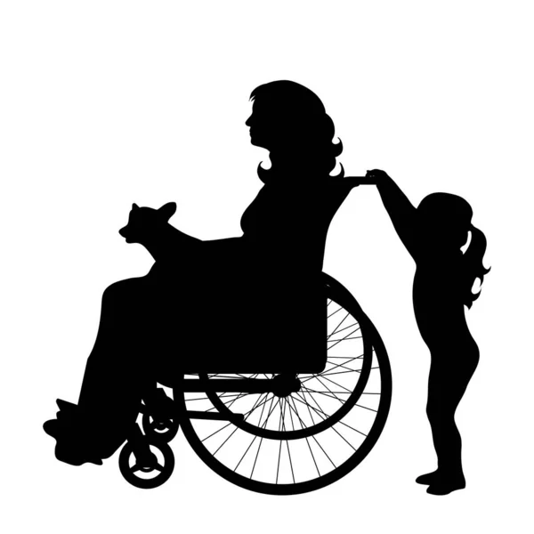 Vector Silhouette Woman Wheelchair Daughter White Background — Stock Vector