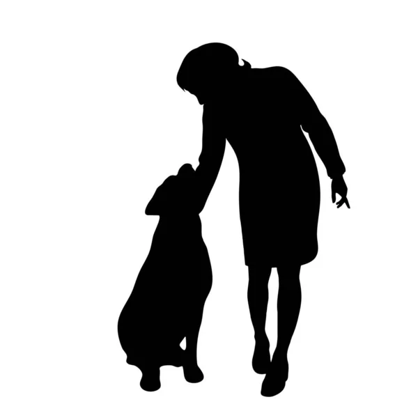 Vektorsilhouette Einer Frau Mit Hund Auf Weißem Hintergrund — Stockvektor