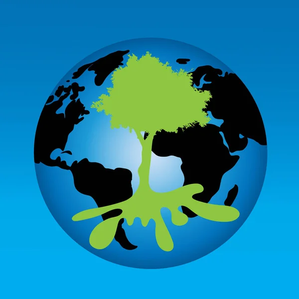 Vektorillustration Des Baum Logos Mit Welt Auf Blauem Hintergrund — Stockvektor