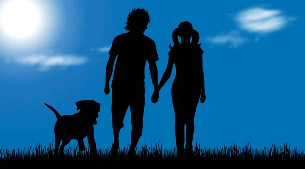 Vektorsilhouette Eines Paares Mit Hund Der Natur — Stockvektor