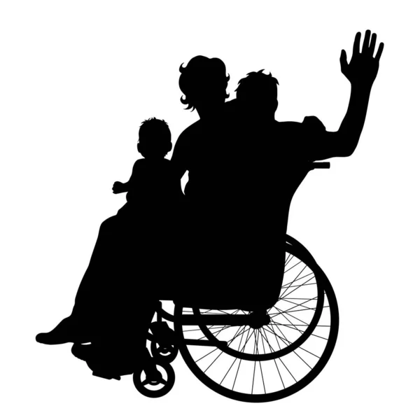 白い背景に車椅子の男と家族のベクトル シルエット — ストックベクタ