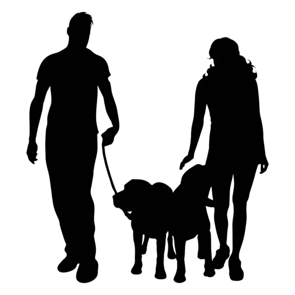 Vector Silhouet Van Het Paar Met Hond Witte Achtergrond — Stockvector