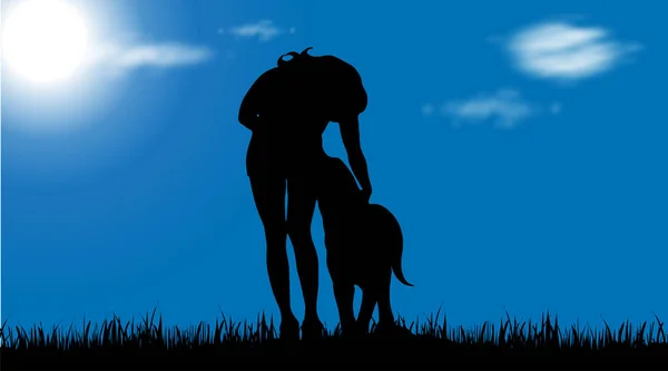 Vector Silhouet Van Vrouw Met Hond Tuin — Stockvector