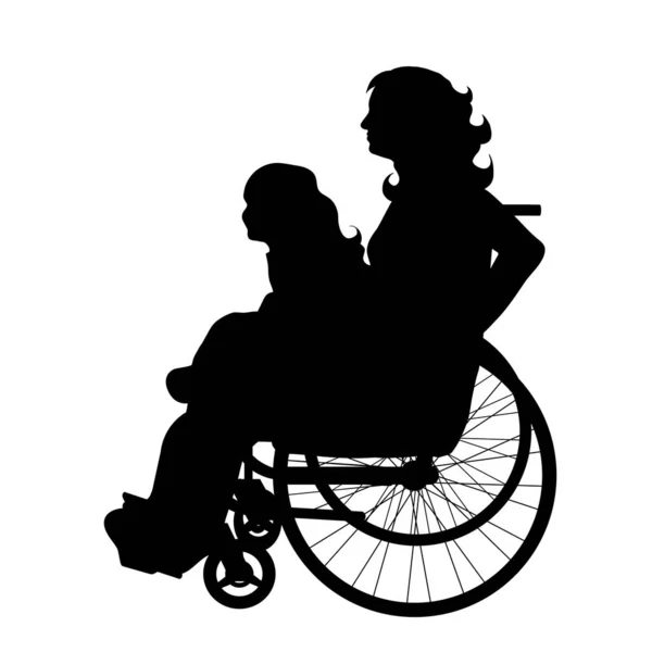Vektorsilhouette Einer Frau Rollstuhl Mit Tochter Auf Weißem Hintergrund — Stockvektor
