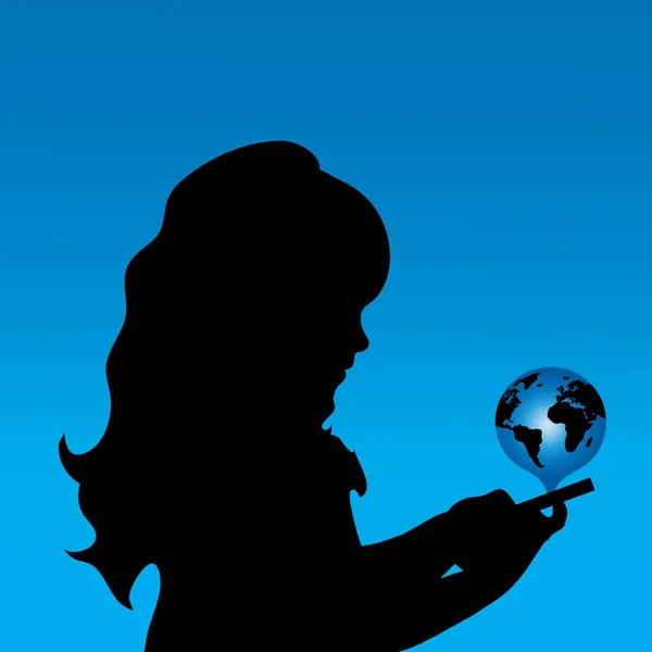 Silhouette Vectorielle Fille Avec Téléphone Portable Monde — Image vectorielle