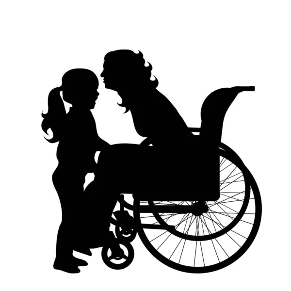 Silhouette Vectorielle Femme Fauteuil Roulant Avec Fille Sur Fond Blanc — Image vectorielle