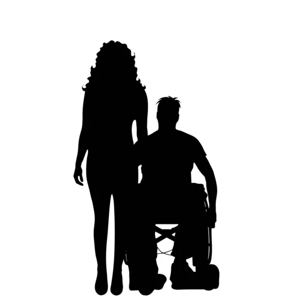 Vektorsilhouette Eines Paares Rollstuhl Auf Weißem Hintergrund — Stockvektor