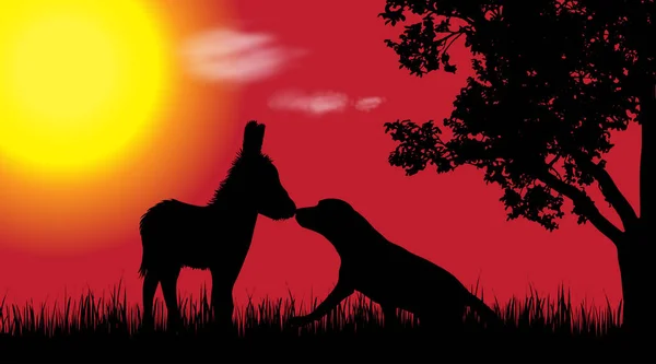 Vektorsilhouette Von Hund Mit Esel Der Natur Bei Sonnenuntergang — Stockvektor