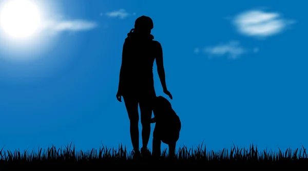 Silhouette Vectorielle Femme Avec Chien Sur Jardin — Image vectorielle