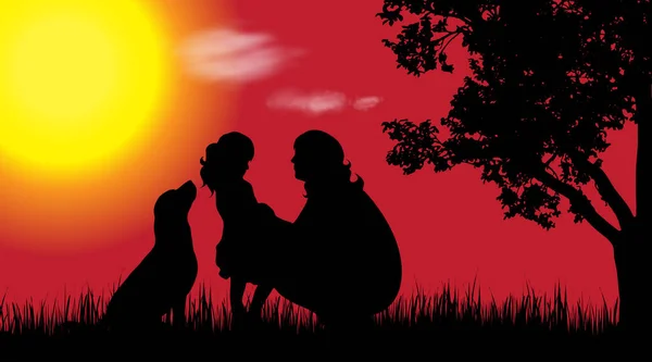 Silhouette Vectorielle Famille Dans Nature Coucher Soleil — Image vectorielle