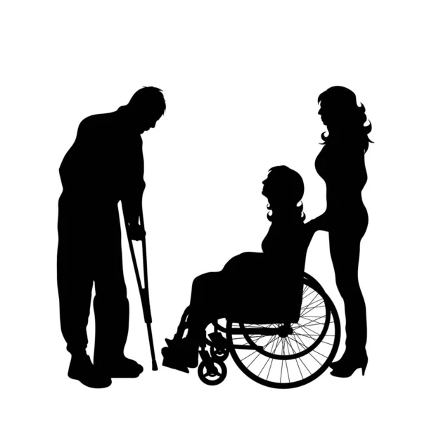 Векторный Силуэт Людей Женщиной Инвалидной Коляске Белом Фоне — стоковый вектор