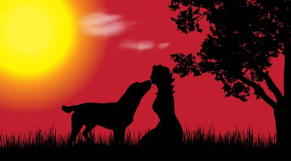 Vektorsilhouette Einer Frau Mit Hund Der Natur Bei Sonnenuntergang — Stockvektor