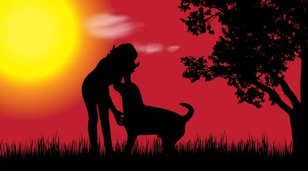 妇女的向量剪影与狗在自然在日落 — 图库矢量图片