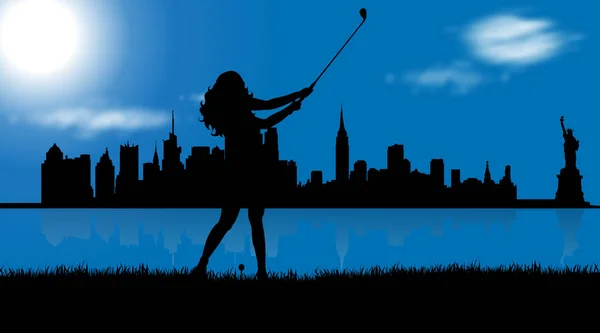 Illustration Vectorielle New York Avec Une Femme Qui Joue Golf — Image vectorielle