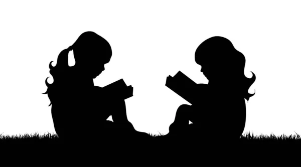 Silhouette Vettoriale Ragazze Che Leggono Libro Erba — Vettoriale Stock