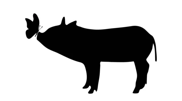 Vektor Silhouette Von Schwein Mit Schmetterling Auf Weißem Hintergrund — Stockvektor