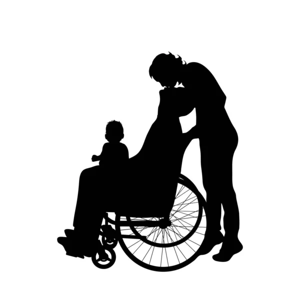Adam Tekerlekli Sandalye Beyaz Zemin Üzerine Ailesiyle Silüeti Vektör — Stok Vektör