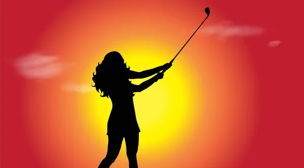 Silhouette Vettoriale Donna Che Gioca Golf Tramonto — Vettoriale Stock
