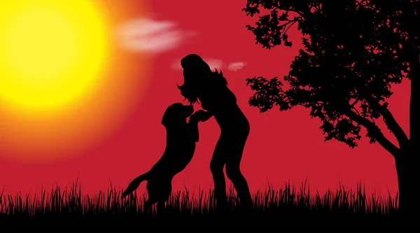 Vector Silhouet Van Vrouw Met Hond Natuur Bij Zonsondergang — Stockvector