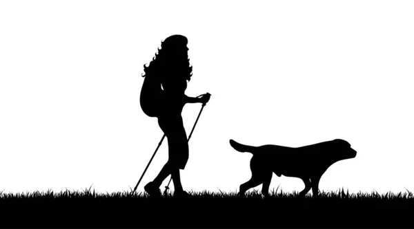 Silhouette Vectorielle Fille Avec Chien Sur Fond Blanc — Image vectorielle