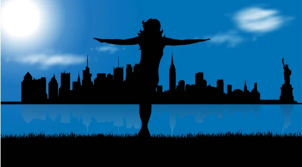 Vectorillustratie Van New York Met Vrouw Die Dansen — Stockvector