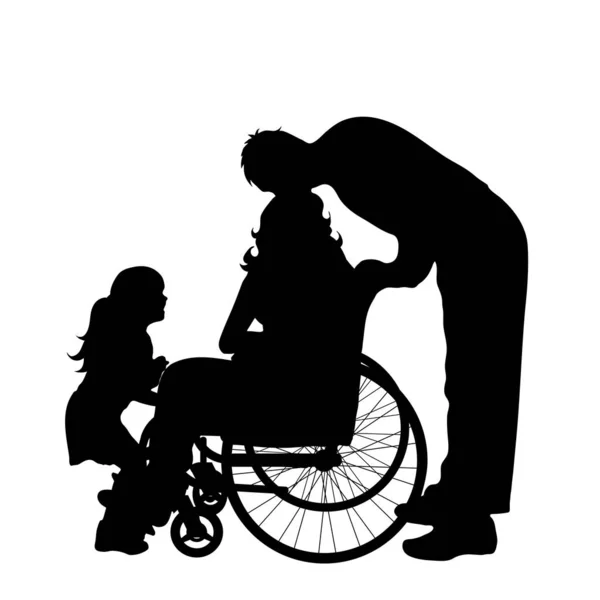 Silhouette Vectorielle Famille Avec Femme Fauteuil Roulant Sur Fond Blanc — Image vectorielle