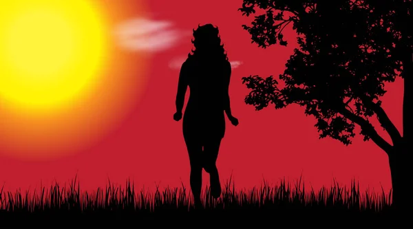 Silhouette Vectorielle Femme Dans Nature Coucher Soleil — Image vectorielle