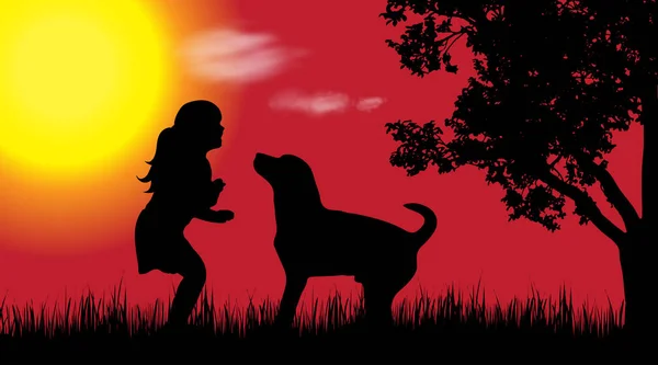 Vektor Silhuett Flicka Med Hund Naturen Vid Solnedgången — Stock vektor