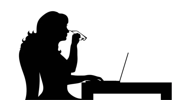 Vector Silhouette Woman Work Computer — Stock Vector