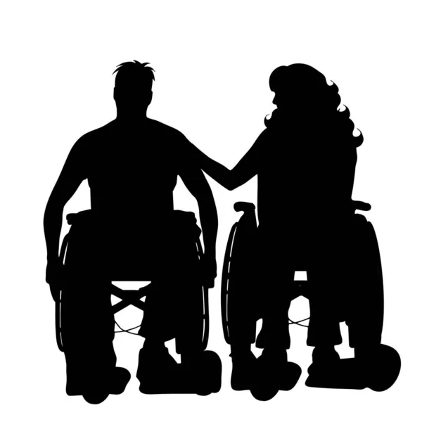 白い背景の車椅子上のカップルのベクトル シルエット — ストックベクタ