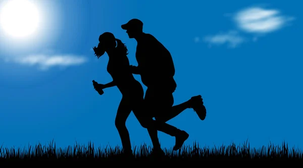 在大自然中奔跑的夫妇的向量剪影 — 图库矢量图片