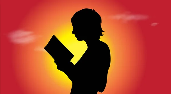 Silhouette Vectorielle Femme Qui Lit Livre Coucher Soleil — Image vectorielle