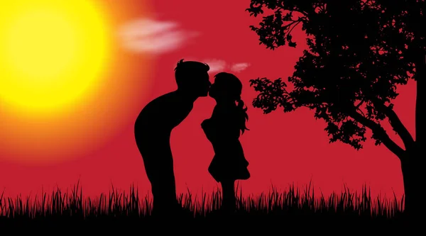 Silhouette Vectorielle Des Enfants Dans Nature Coucher Soleil — Image vectorielle