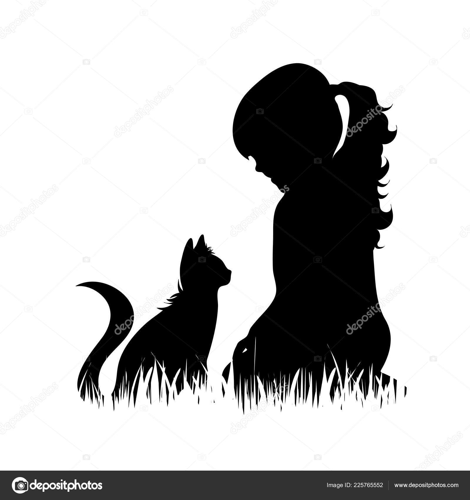 Silhouette Vectorielle Fille Avec Chat Dans Herbe Sur Fond Blanc Image Vectorielle Par Majivecka C Illustration