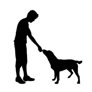 Adam köpek beyaz arka plan ile vektör silüeti.