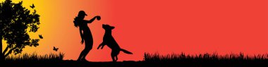 Kızla köpek gün batımında doğada silüeti vektör.