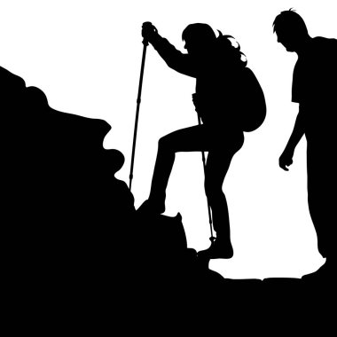 Çiftin bir beyaz zemin üzerinde bir kayaya tırmanma siluet vektör.